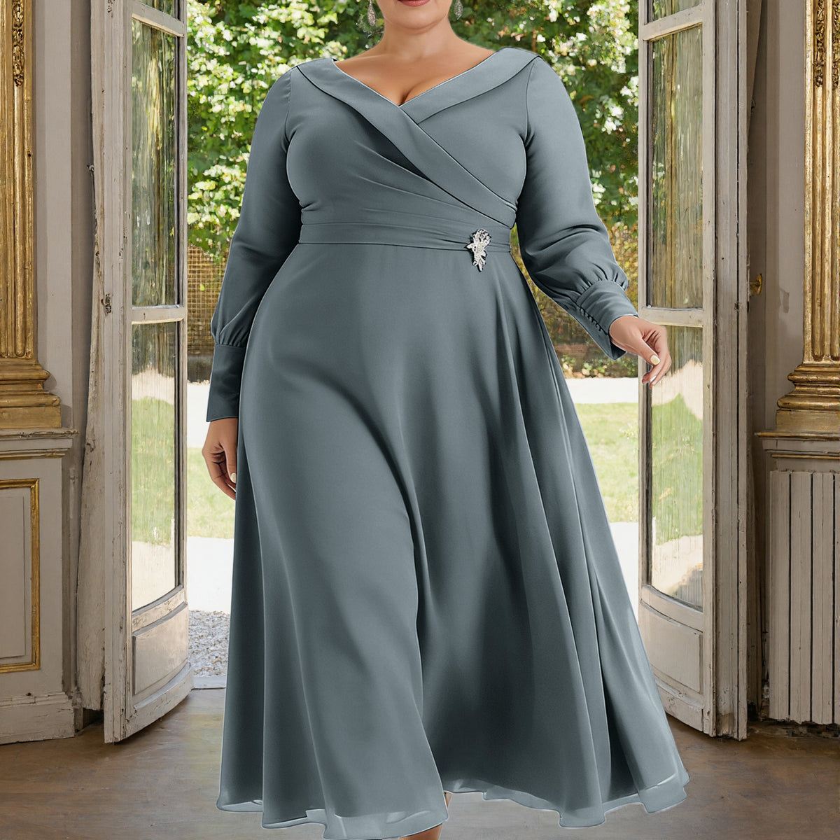 grey plus size dress for wedding Cicinia Steel Mother Of The Bride With Sleeves Long Chiffon A-line Ankle Length Shawl Collar line silhouette that flatters nav-310 Size:8XS Renaissance Festival Attire: Queens,