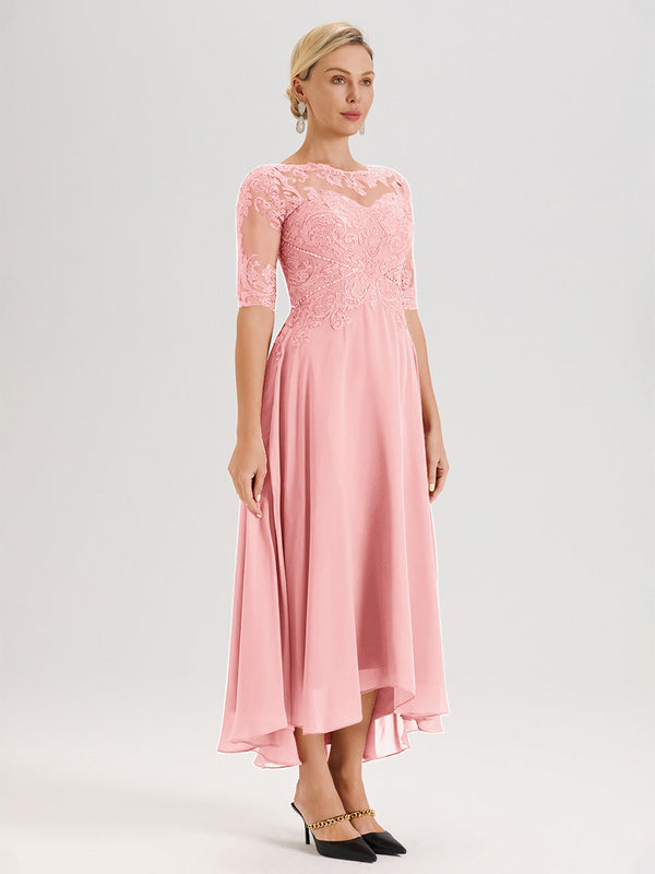Cicinia Slate Blue Mother Of The Groom Dress Chiffon Lace Beaded A-line Half Sleeves High Low Hemline