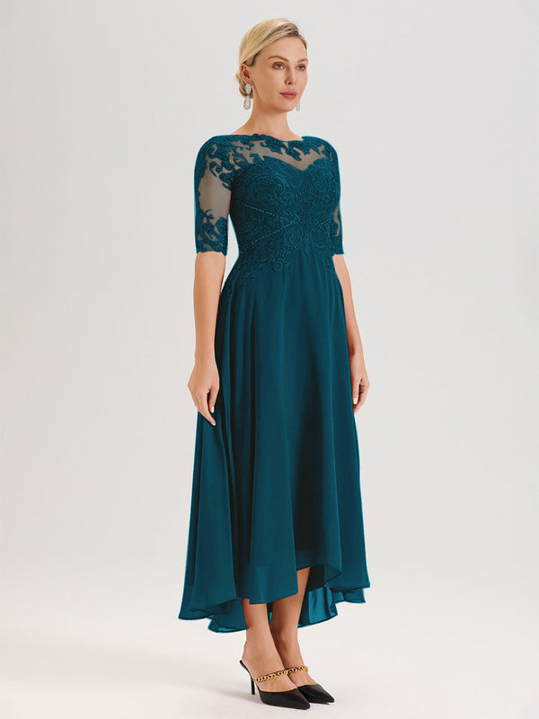 Cicinia Ink Blue Mother Of The Bride Dress Long Chiffon A-line Tea Length V-neck Sequined Lace