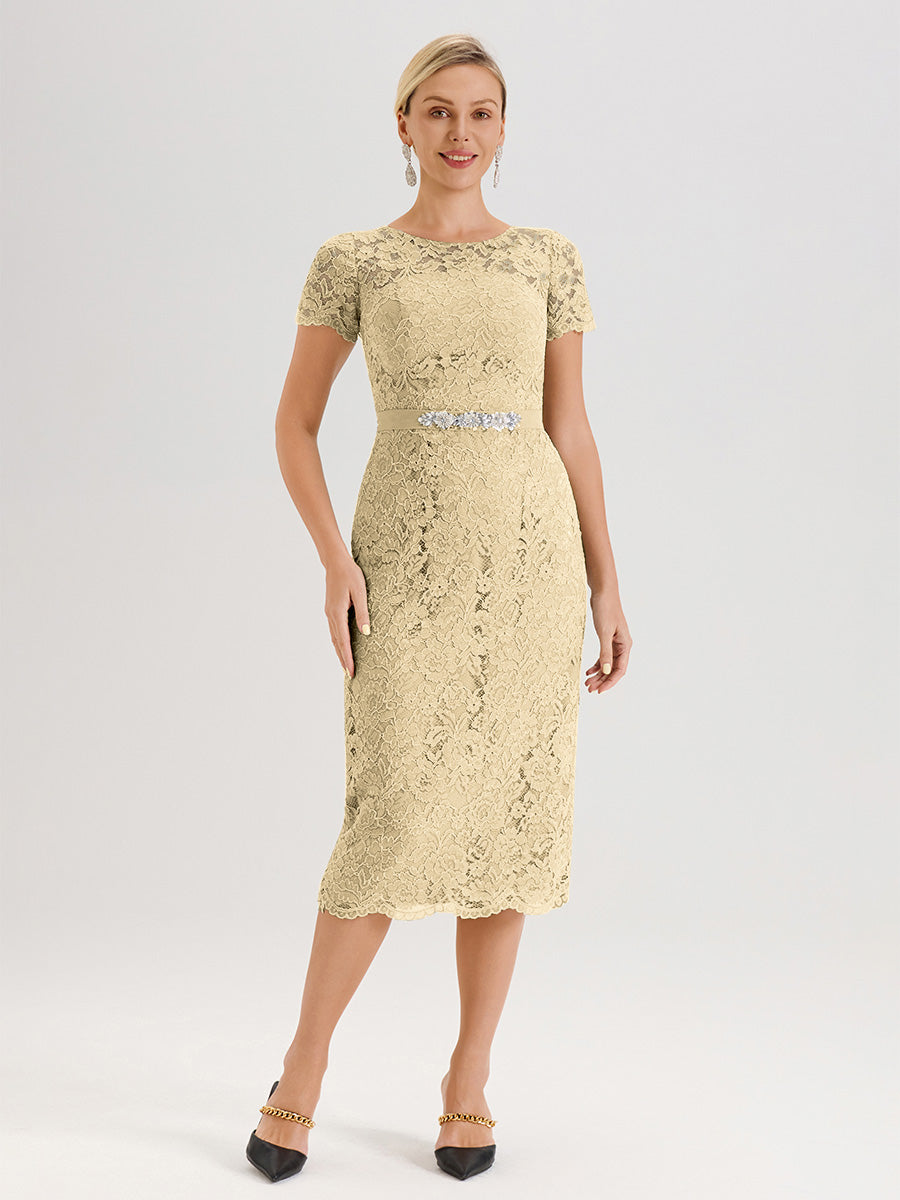 Cicinia Champagne Mother of The Bride Dress with Jacket Chiffon Lace Sheath Tea Length 2 Pieces