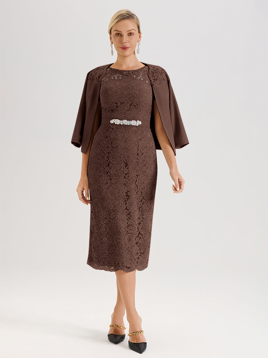 Cicinia Chocolate Mother Of The Groom Dress With Sleeves Long Chiffon Lace Beaded A-line High Low Hemline
