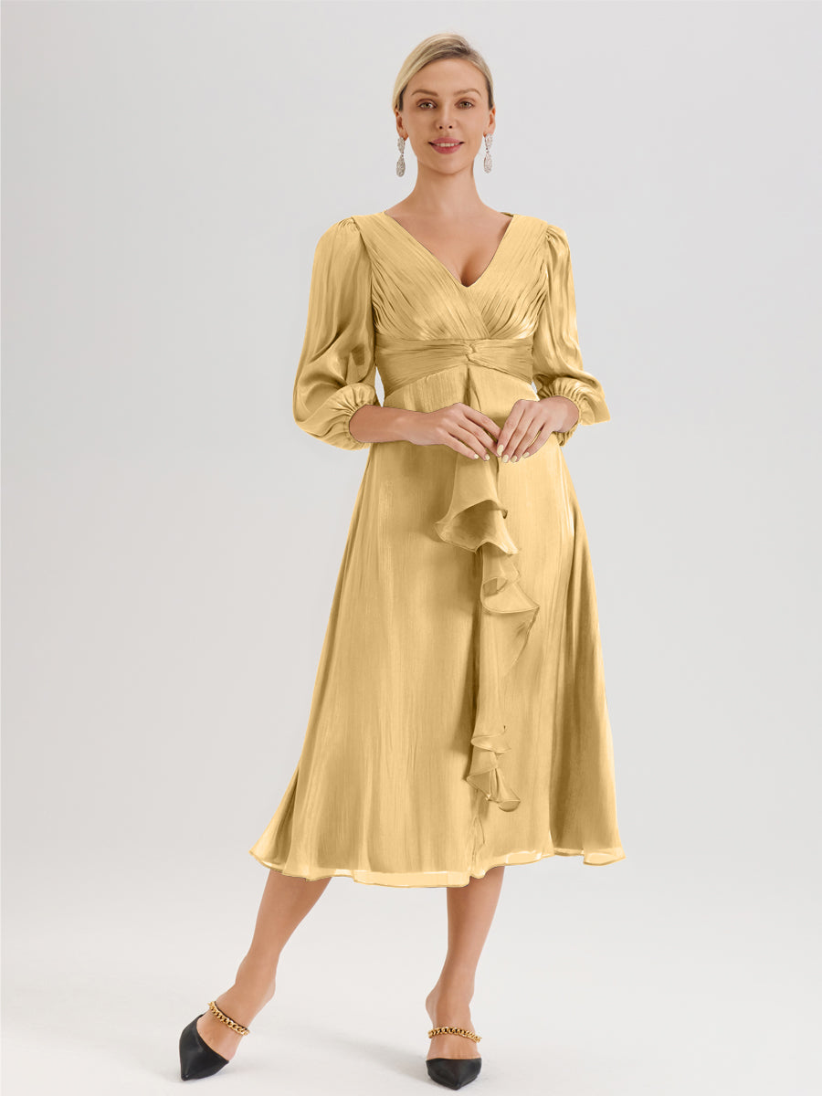 Cicinia Gold Mother Of The Bride Dress Long Crepe A-line Tea Length 3/