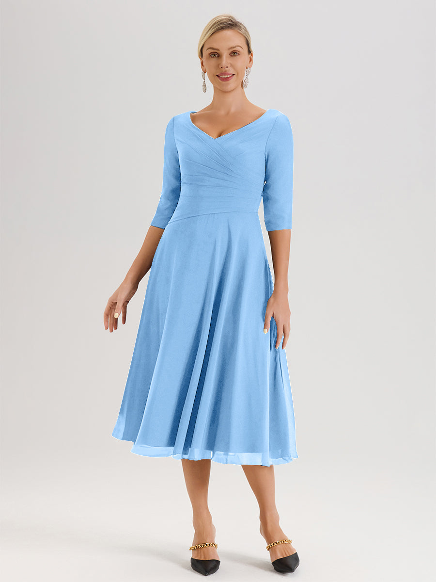 Cicinia Blue Mother Of The Bride Dress Long Chiffon A-line Tea Length Half Sleeves Elegant