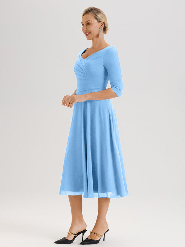 Cicinia Blue Mother Of The Groom Dress Long Chiffon A-line Tea Length