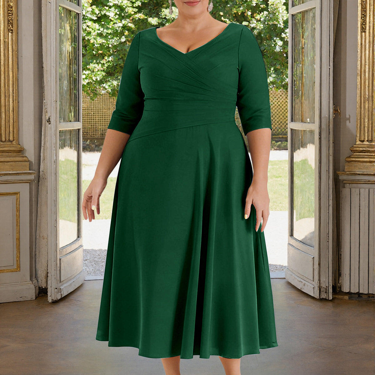 green tea length dress LaDivine 7499 A Line Formal Prom Adds gentle shape to the bodice 1950's Vintage Sweetheart Tea Length
