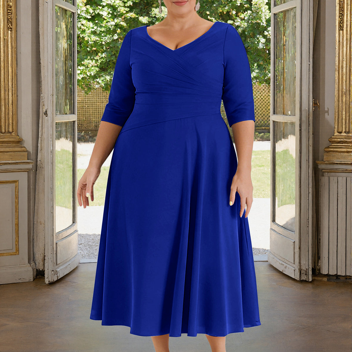 royal blue plus size bridesmaid dresses Cicinia V-neck Mother Of The Bride Dress Long A-line Tea Length Half Sleeves plus size wedding guest dresses