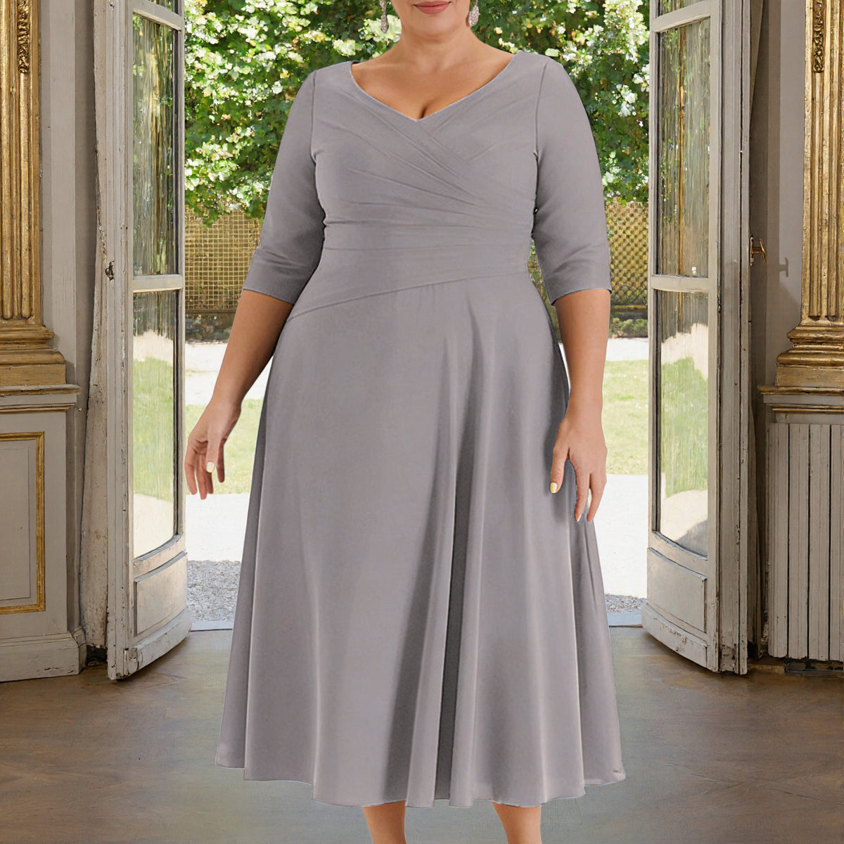 Cicinia V-neck Silver Mother Of The Bride Dress Plus Size Long A-line Tea Length Half Sleeves