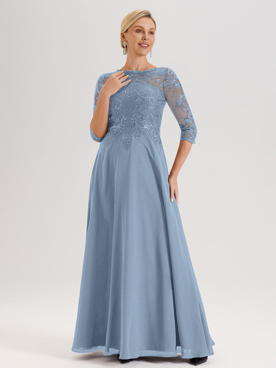 Cicinia Slate Blue Mother Of The Bride Dress Long Chiffon Lace A-line Half  Sleeves Floor Length