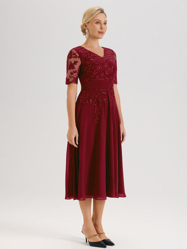 Cicinia Burgundy Mother Of The Bride Dress Long Chiffon A-line Tea Len