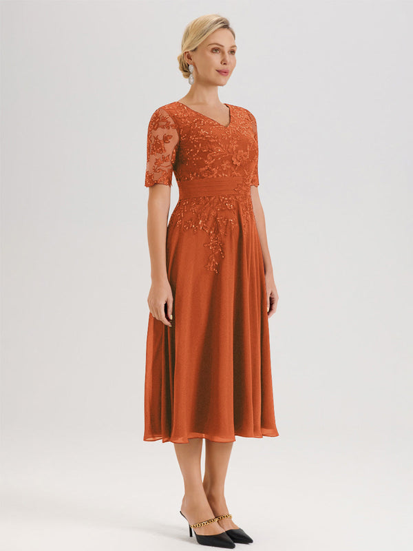 Cicinia Chocolate Mother Of The Bride Dress Long Chiffon A-line Tea Length Half Sleeves Elegant