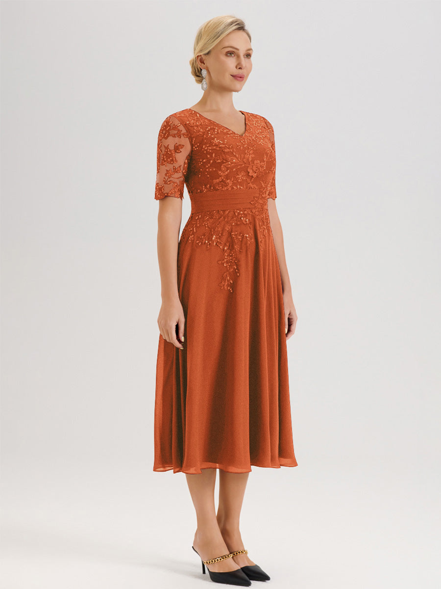 Cicinia Burnt Orange Mother Of The Groom Dress Short Sleeves Long Chiffon Sequined Lace Ankle Length High Low Hemline main image 0