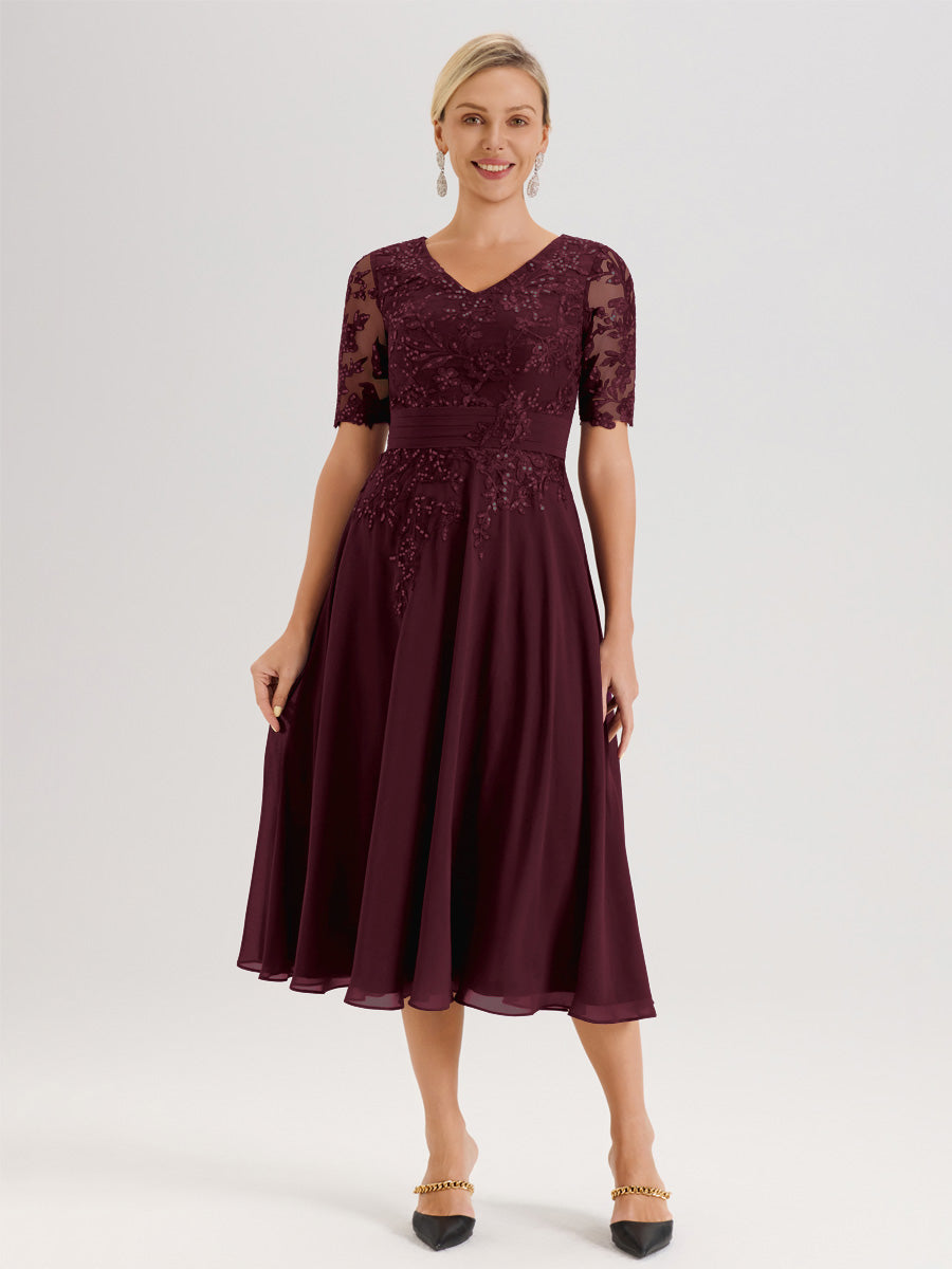 Cicinia Mulberry Mother Of The Bride Dress Long Chiffon Lace A-line Half Sleeves Floor Length