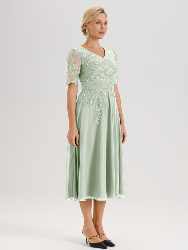 Cicinia Celadon Mother Of The Groom Dress Long Chiffon Lace A-line High Low Hemline Half Sleeves