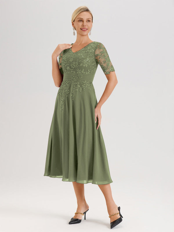 Cicinia Chocolate Mother Of The Groom Dress Long Lace Chiffon A-line Tea Length Color Block Long Sleeves