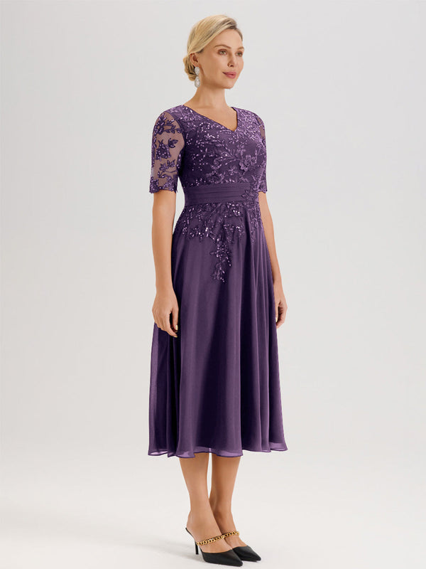 Cicinia Plum Mother Of The Bride Dress Long Chiffon A-line Tea Length