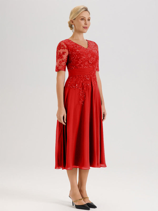Cicinia Grape Mother Of The Bride Dress With Sleeves Plus Size Long Chiffon A-line Tea Length V-neck