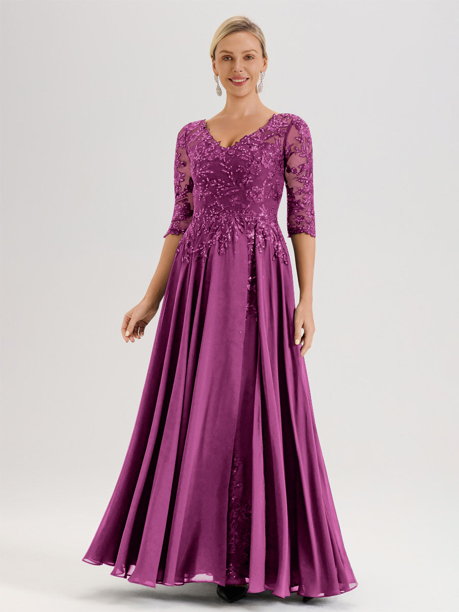 Cicinia Orchid Mother Of The Groom Dress Long Chiffon Sequined Lace A-line Floor Length V-neck