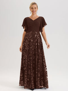 Cicinia Chocolate Mother Of The Bride Dress Long Chiffon Sequin Lace A