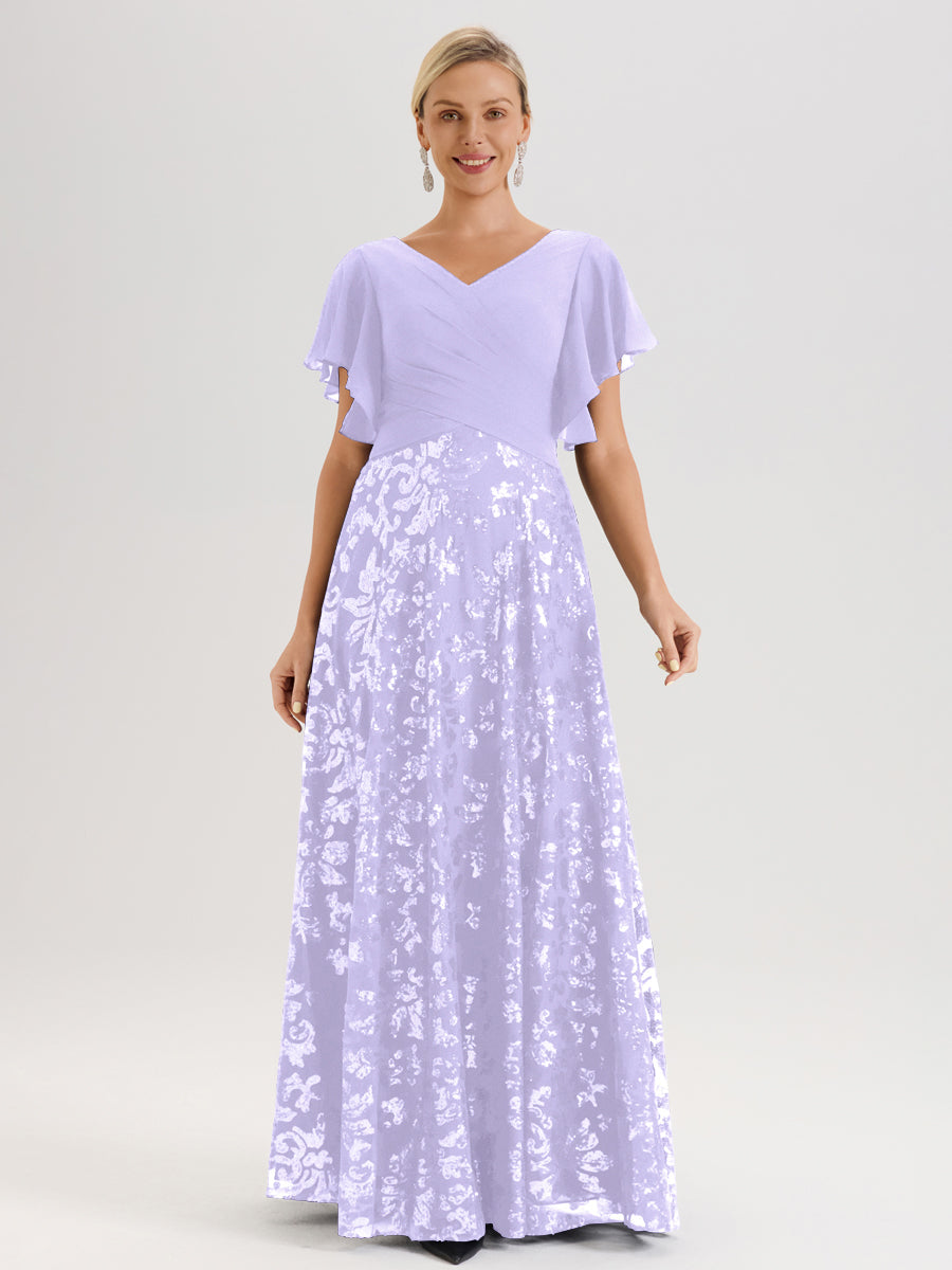 Cicinia Lilac Mother of The Bride Dress Long Chiffon Sequin Lace A-Line Flutter Sleeves Gorgeous