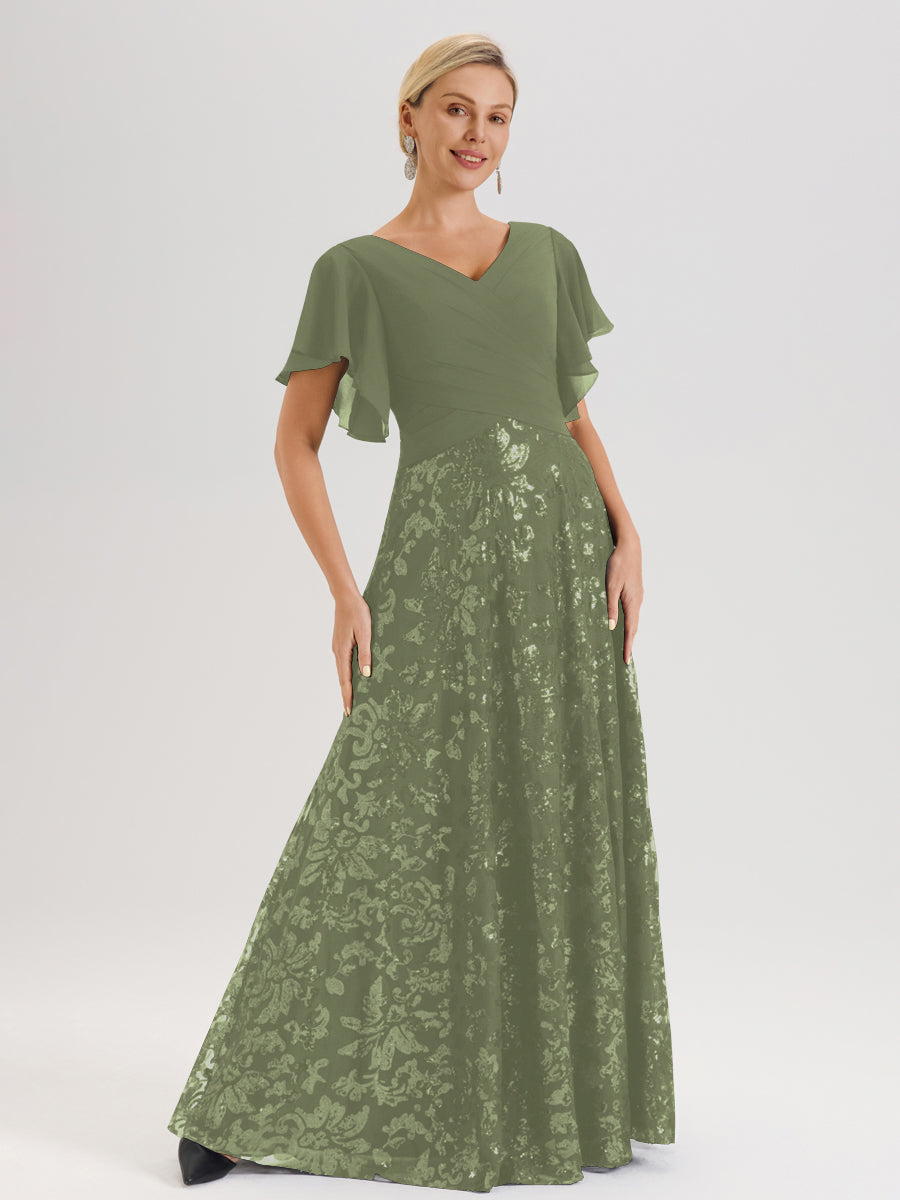 Cicinia Olive Green Mother Of The Bride Dress Long Chiffon Sequin Lace A-line Flutter Sleeves Gorgeous