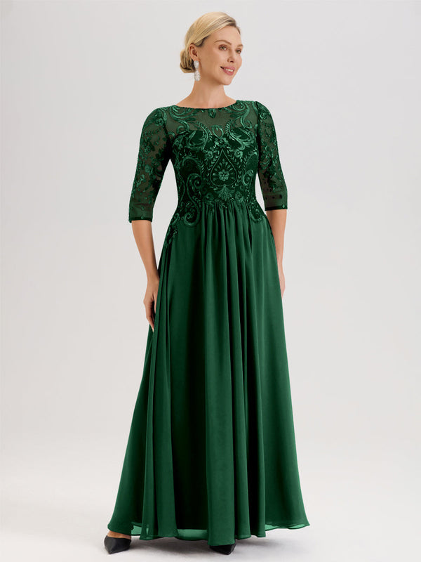 Cicinia Cinnamon Rose Mother Of The Groom Dress Long Chiffon Lace A-line Half Sleeves Beaded Floor Length
