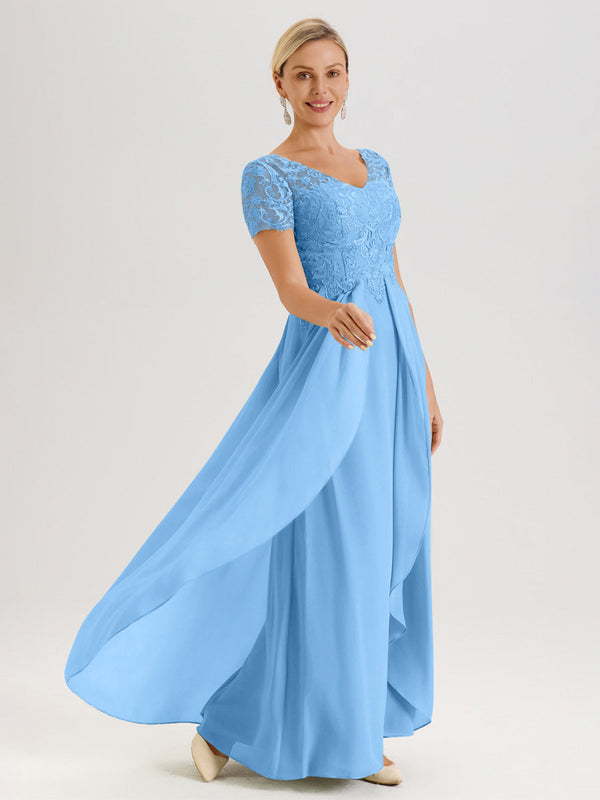 Cicinia Slate Blue Mother Of The Bride Dress Long Chiffon A-line Flutter Sleeves WIth Sequined Lace Hemline