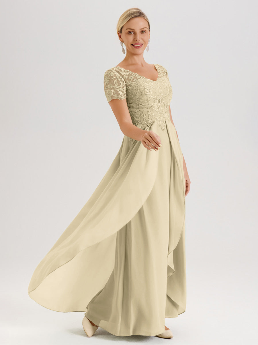 Cicinia Champagne Mother of The Bride Dress with Sleeves Long Chiffon Lace A-Line Classy Cicinia Champagne Mother of The Bride Dress with Sleeves Long Chiffon Lace A-Line Classy