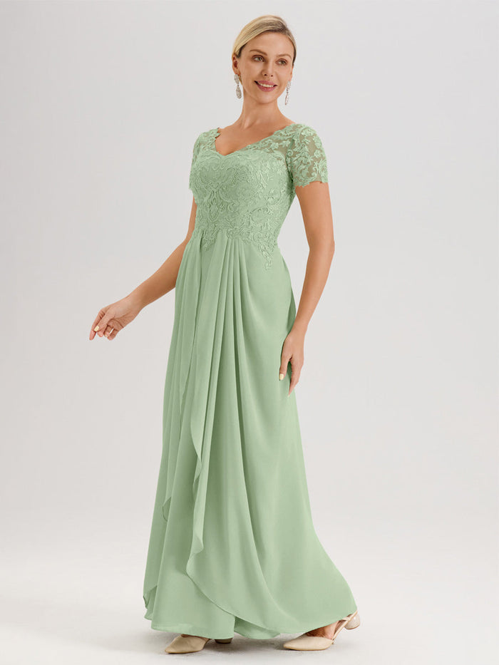 Gold Lace Appliqued Long Chiffon Dresses Dusty Sage Plus Size