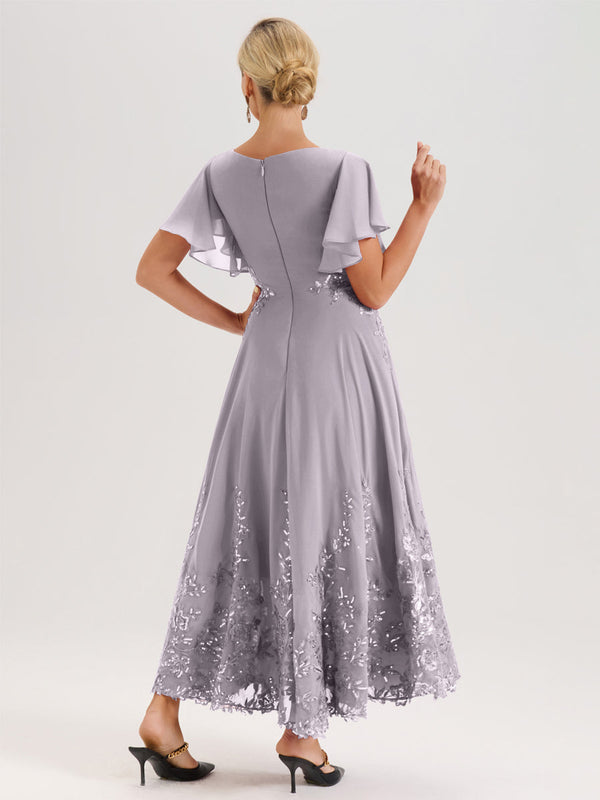 Cicinia Blushing Pink Mother Of The Groom Dress Long Chiffon A-line Flutter Sleeves WIth Sequined Lace Hemline