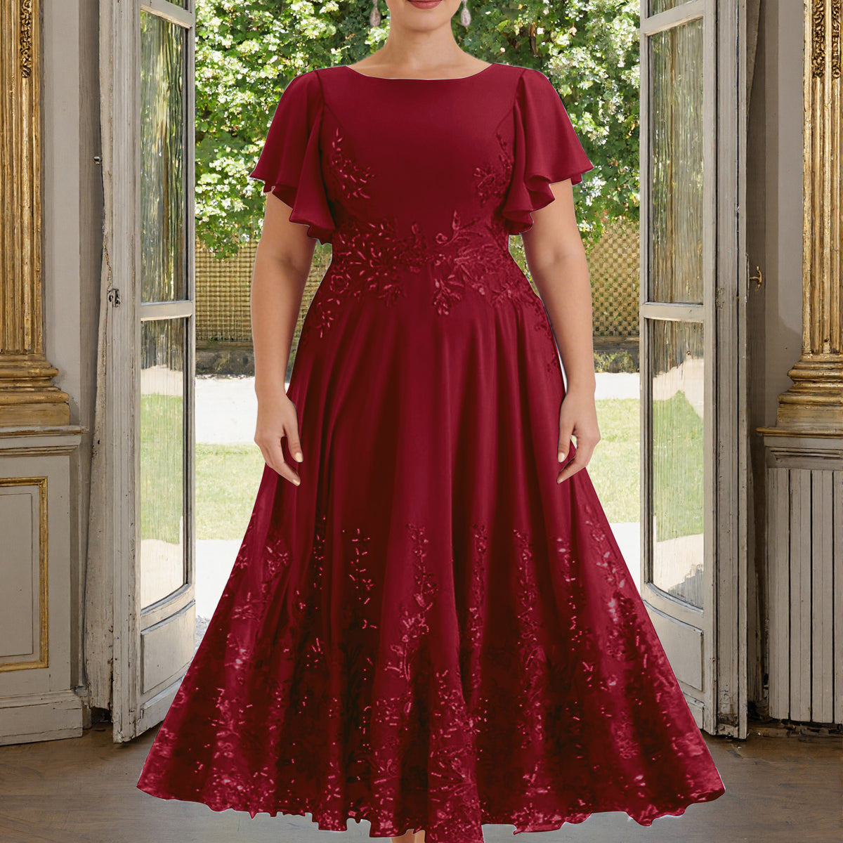 burgundy mob dress Cicinia Mother Of The Bride Plus Size Long Lace Chiffon Ankle Length Flutter Sleeves cottagegoth Crafted from flowing chiffon Arcina Ori Green Odessa Size:UK 5 / EU 38 / US 7