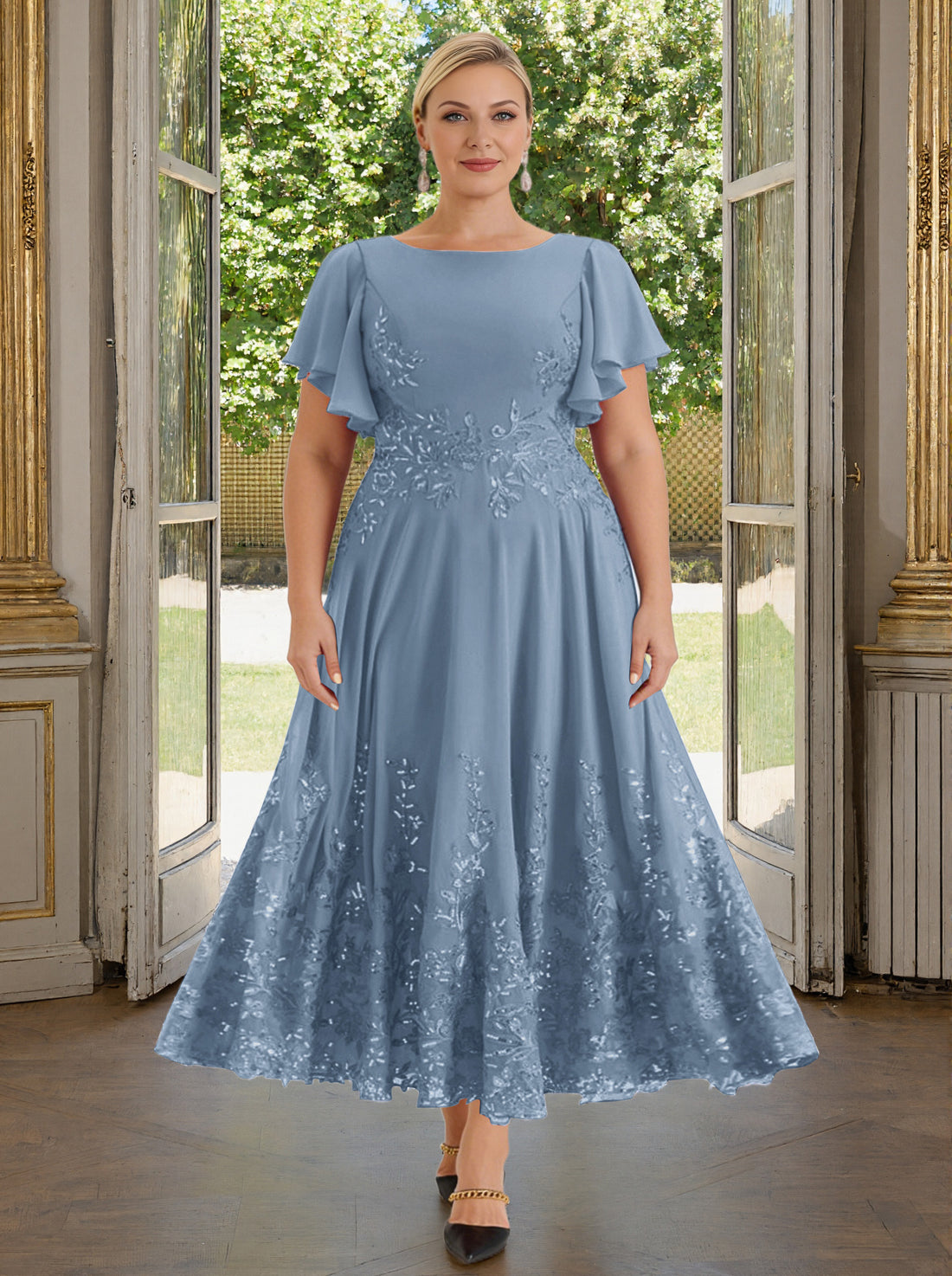 Cicinia Slate Blue Mother Of The Bride Dress Plus Size Long Lace Chiff