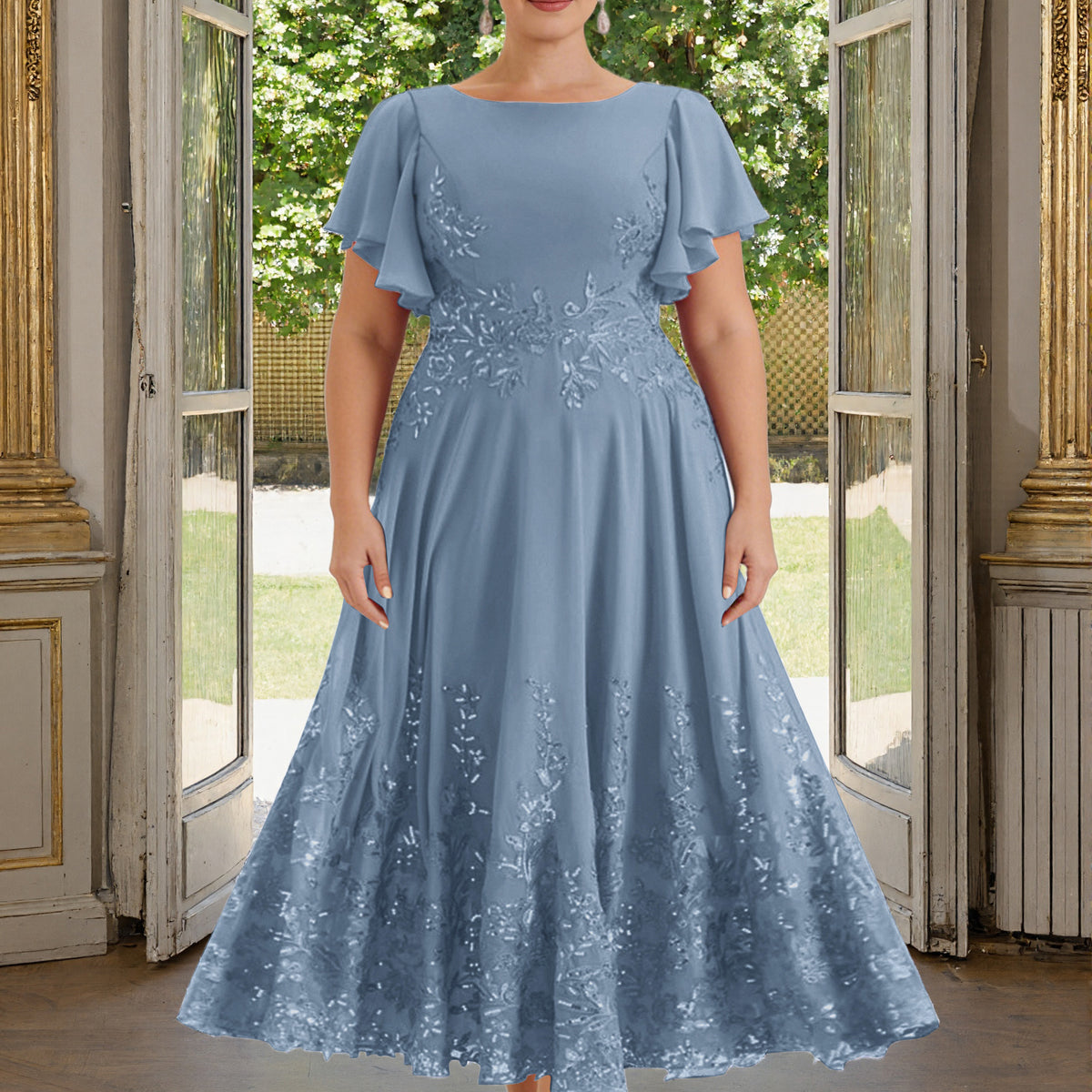 Cicinia Slate Blue Mother Of The Bride Dress Plus Size Long Lace Chiffon Ankle Length Flutter Sleeves