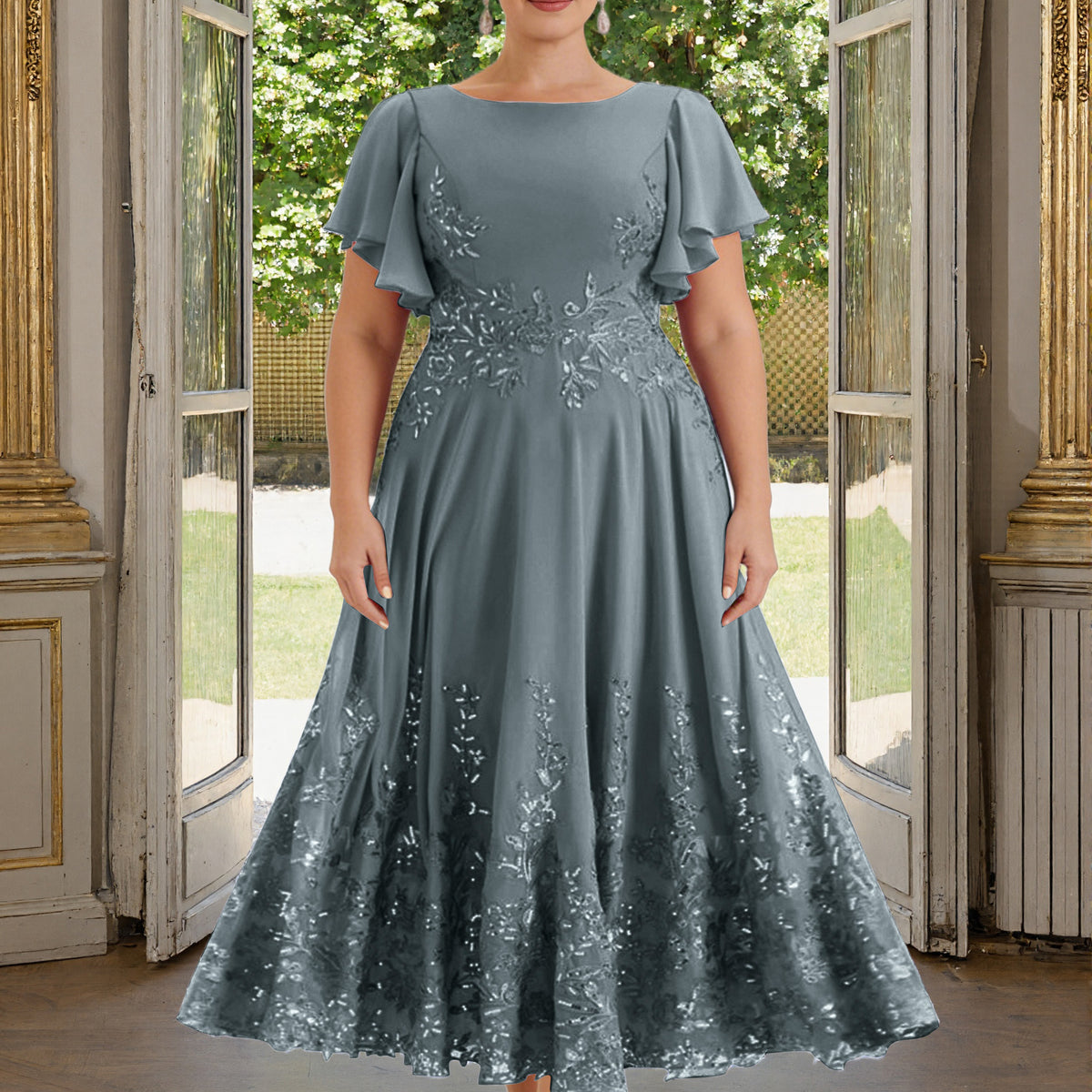 steel grey formal dress Cicinia Mother Of The Bride Plus Size Long Lace Chiffon Ankle Length Flutter Sleeves Stretch Satin Hemline formal short dresses for Color:INK BLUE Fit-and-flare wedding dress