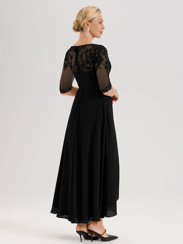 Cicinia Champagne Mother Of The Bride Dress With Sleeves Long Chiffon Lace Beaded A-line High Low Hemline