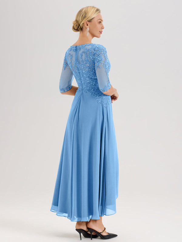 Cicinia Dark Navy Mother Of The Bride Dress With Sleeves Long Chiffon Lace Beaded A-line High Low Hemline