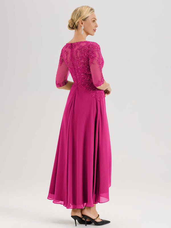 Cicinia Fuchsia Mother Of The Groom Dress Long Chiffon Slit Appliques Lace A-line Beaded Floor Length
