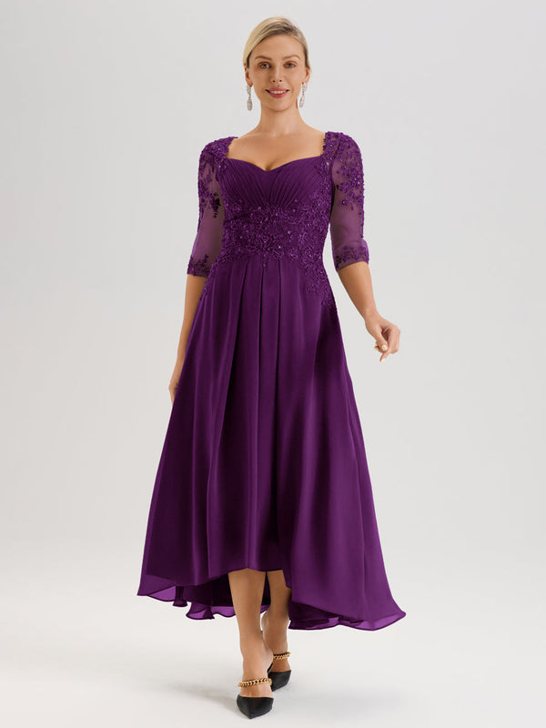 Cicinia Ink Blue Mother Of The Groom Dress With Sleeves Long Chiffon Lace Beaded A-line High Low Hemline