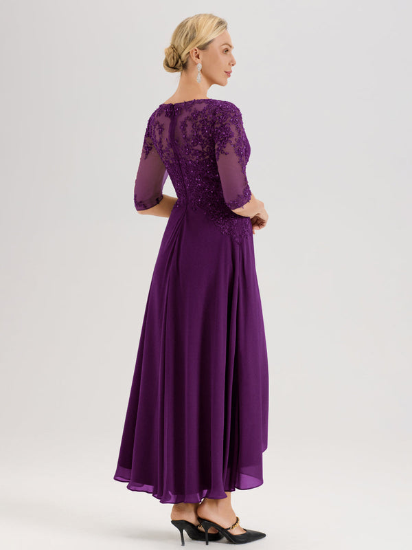Cicinia Cinnamon Rose Mother Of The Groom Dress With Sleeves Long Chiffon Lace Beaded A-line High Low Hemline
