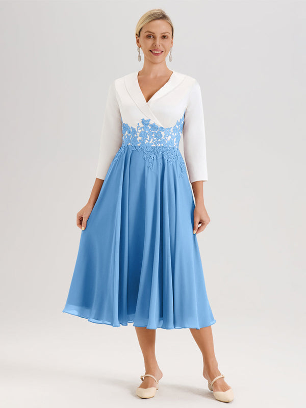 Cicinia Lilac Mother Of The Groom Dress With Appliques Lace Long Satin Chiffon A-line Collared V-Neck