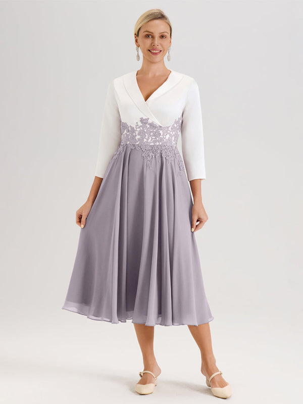 Cicinia Slate Blue Mother Of The Groom Dress With Appliques Lace Long Satin Chiffon A-line Collared V-Neck