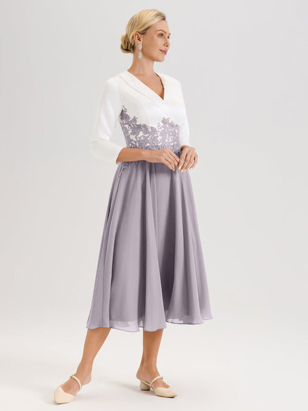 Cicinia Ink Blue Mother Of The Groom Dress With Appliques Lace Long Satin Chiffon A-line Collared V-Neck