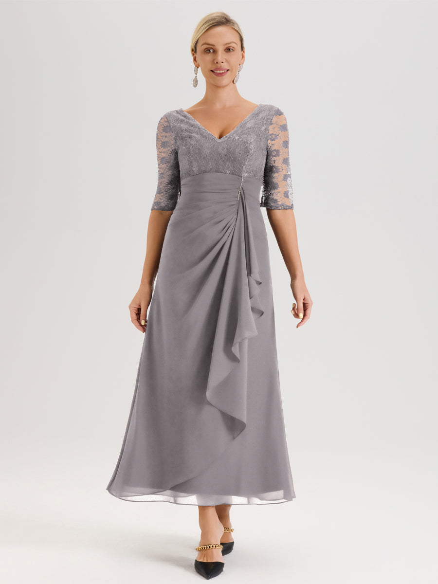 Cicinia Silver Mother Of The Groom Dress With Sleeves Long Chiffon Sequined Lace Ankle Length Elegant