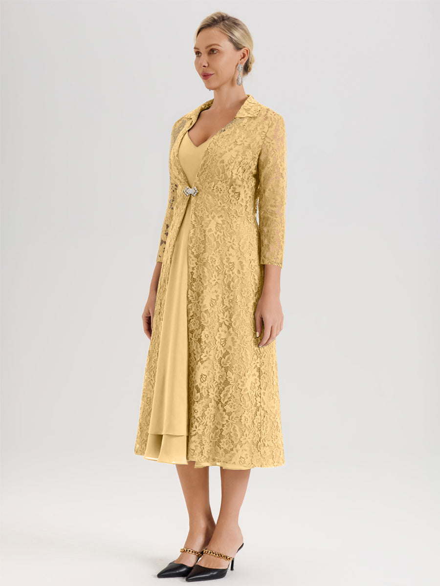 Cicinia Gold Mother Of The Groom Dress With Jacket Long Chiffon Lace 2 Pieces Tea Length