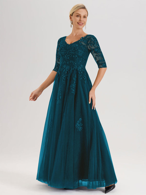Cicinia Dark Navy Mother Of The Groom Dress Long Chiffon Tulle Appliques Lace V-neck A-line Floor Length