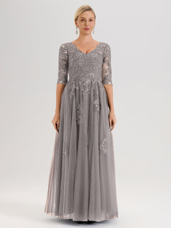 Cicinia Blushing Pink Mother Of The Bride Dress Long Chiffon Tulle Appliques Lace V-neck A-line Floor Length