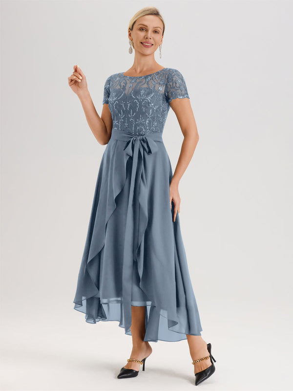 Cicinia Dusty Blue Mother Of The Bride Dress Short Sleeves Long Chiffo