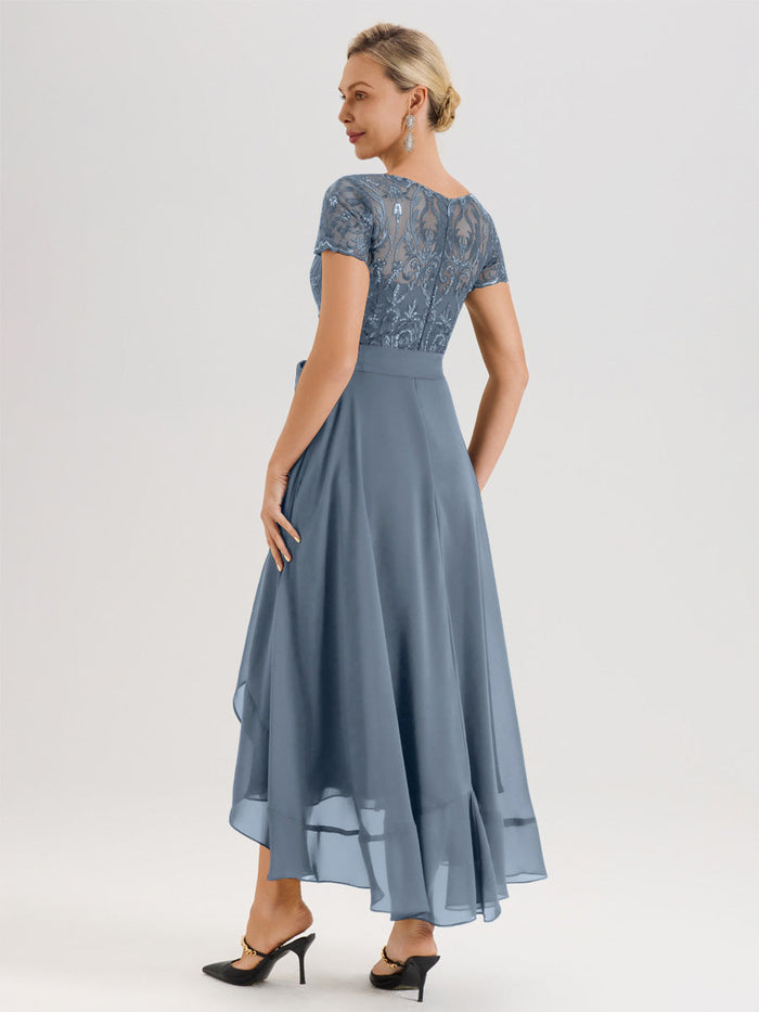Cicinia Dusty Blue Mother Of The Bride Dress Short Sleeves Long Chiffo