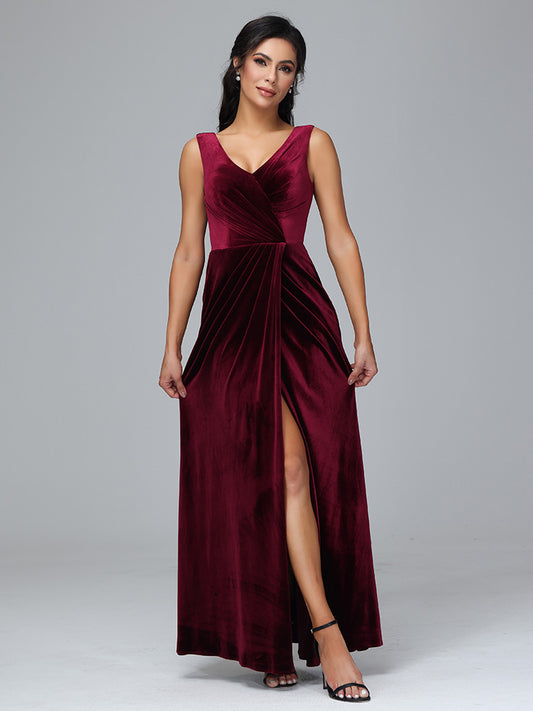 V Neck Velvet Bridesmaid Dress With Slit