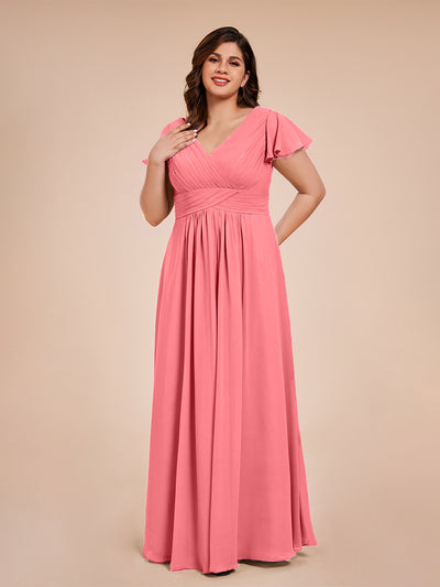 V-neck Short Chiffon Bridesmaid Gowns Watermelon Plus Size main image 0