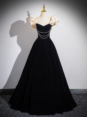 Chic A-Line Pearl Velvet Prom Dress Removable Puffy Short Sleeves Quinceanera Dress